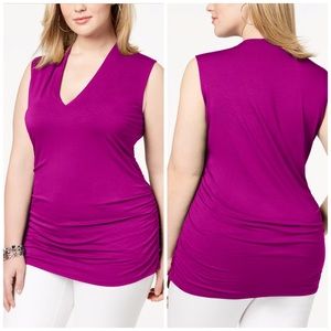 INC Magenta Ruched V Neck Tank Top Plus Size 2X